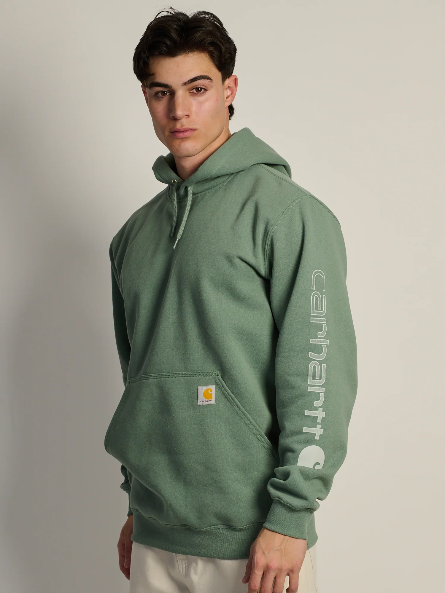 CARHARTT LOGO SLEEVE PULL OVER HOODIE - GREEN FOG